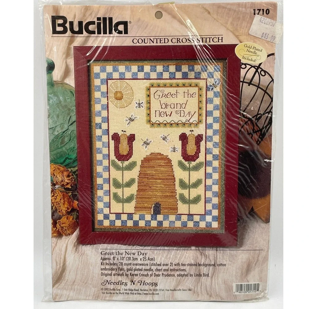 Vtg Bucilla 1710 Greet the New Day Counted Cross Stitch Kit Beehive Tulips 8x10